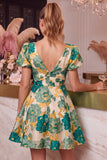Floral Pink A-Line V-Neck Printed Short Homecoming Dress with Short Sleeves