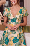 Floral Pink A-Line V-Neck Printed Short Homecoming Dress with Short Sleeves