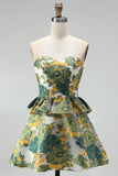 Green Floral Strapless A-Line Tiered Short Homecoming Dress with Ruffles
