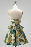 Green Floral Strapless A-Line Tiered Short Homecoming Dress with Ruffles