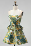 Green Floral Strapless A-Line Tiered Short Homecoming Dress with Ruffles