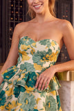 Green Floral Strapless A-Line Tiered Short Homecoming Dress with Ruffles