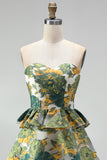Green Floral Strapless A-Line Tiered Short Homecoming Dress with Ruffles