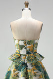 Green Floral Strapless A-Line Tiered Short Homecoming Dress with Ruffles