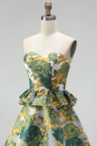 Green Floral Strapless A-Line Tiered Short Homecoming Dress with Ruffles