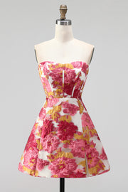 Pink Floral Corset A-Line Strapless Mini Homecoming Dress with Slit