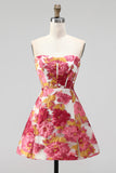 Pink Floral Corset A-Line Strapless Mini Homecoming Dress with Slit