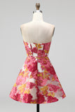 Pink Floral Corset A-Line Strapless Mini Homecoming Dress with Slit