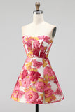 Pink Floral Corset A-Line Strapless Mini Homecoming Dress with Slit