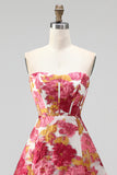 Pink Floral Corset A-Line Strapless Mini Homecoming Dress with Slit