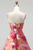 Pink Floral Corset A-Line Strapless Mini Homecoming Dress with Slit