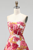 Pink Floral Corset A-Line Strapless Mini Homecoming Dress with Slit