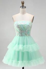 Mint Green Tiered Ruffle Tulle Sequins Strapless Short Homecoming Dress