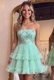 Mint Green Tiered Ruffle Tulle Sequins Strapless Short Homecoming Dress