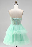 Mint Green Tiered Ruffle Tulle Sequins Strapless Short Homecoming Dress
