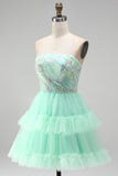 Mint Green Tiered Ruffle Tulle Sequins Strapless Short Homecoming Dress