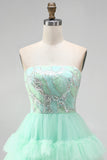 Mint Green Tiered Ruffle Tulle Sequins Strapless Short Homecoming Dress