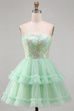 Mint Green Tiered Ruffle Tulle Sequins Strapless Short Homecoming Dress
