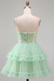 Mint Green Tiered Ruffle Tulle Sequins Strapless Short Homecoming Dress