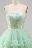 Mint Green Tiered Ruffle Tulle Sequins Strapless Short Homecoming Dress