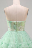 Mint Green Tiered Ruffle Tulle Sequins Strapless Short Homecoming Dress