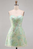 Mint Green Sequins A-Line Sequin Strapless Short Homecoming Dress