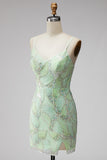 Mint Green Sequins V-Neck Short Bodycon Homecoming Dress with Slit