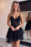 A-Line Corset Sheer Tiered Ruffle Asymmetrical Tulle Black Homecoming Dress