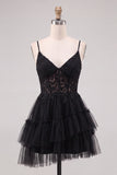 A-Line Corset Sheer Tiered Ruffle Asymmetrical Tulle Black Homecoming Dress
