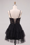 A-Line Corset Sheer Tiered Ruffle Asymmetrical Tulle Black Homecoming Dress