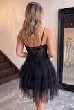 A-Line Corset Sheer Tiered Ruffle Asymmetrical Tulle Black Homecoming Dress