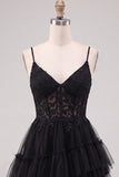 A-Line Corset Sheer Tiered Ruffle Asymmetrical Tulle Black Homecoming Dress