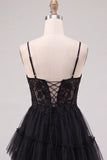 A-Line Corset Sheer Tiered Ruffle Asymmetrical Tulle Black Homecoming Dress