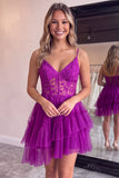 A-Line Corset Sheer Tiered Ruffle Asymmetrical Tulle Black Homecoming Dress