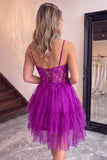 A-Line Corset Sheer Tiered Ruffle Asymmetrical Tulle Black Homecoming Dress