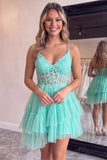 A-Line Corset Sheer Tiered Ruffle Asymmetrical Tulle Black Homecoming Dress