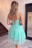 A-Line Corset Sheer Tiered Ruffle Asymmetrical Tulle Black Homecoming Dress
