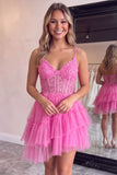 A-Line Corset Sheer Tiered Ruffle Asymmetrical Tulle Black Homecoming Dress