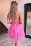 A-Line Corset Sheer Tiered Ruffle Asymmetrical Tulle Black Homecoming Dress