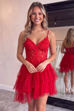 A-Line Corset Sheer Tiered Ruffle Asymmetrical Tulle Black Homecoming Dress