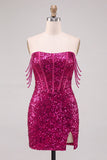 Sparkly Fuchsia Corset Sequins Bodycon Slit Short Homecoming Dress with Beaded Fringe