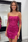 Sparkly Fuchsia Corset Sequins Bodycon Slit Short Homecoming Dress with Beaded Fringe