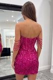 Sparkly Fuchsia Corset Sequins Bodycon Slit Short Homecoming Dress with Beaded Fringe