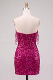Sparkly Fuchsia Corset Sequins Bodycon Slit Short Homecoming Dress with Beaded Fringe