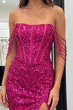 Sparkly Fuchsia Corset Sequins Bodycon Slit Short Homecoming Dress with Beaded Fringe