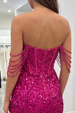 Sparkly Fuchsia Corset Sequins Bodycon Slit Short Homecoming Dress with Beaded Fringe