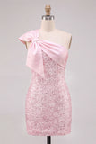 Sparkly Pink One Shoulder Sequins Bodycon Short Homecoming Dress with Bow