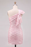 Sparkly Pink One Shoulder Sequins Bodycon Short Homecoming Dress with Bow
