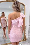 Sparkly Pink One Shoulder Sequins Bodycon Short Homecoming Dress with Bow