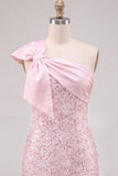 Sparkly Pink One Shoulder Sequins Bodycon Short Homecoming Dress with Bow